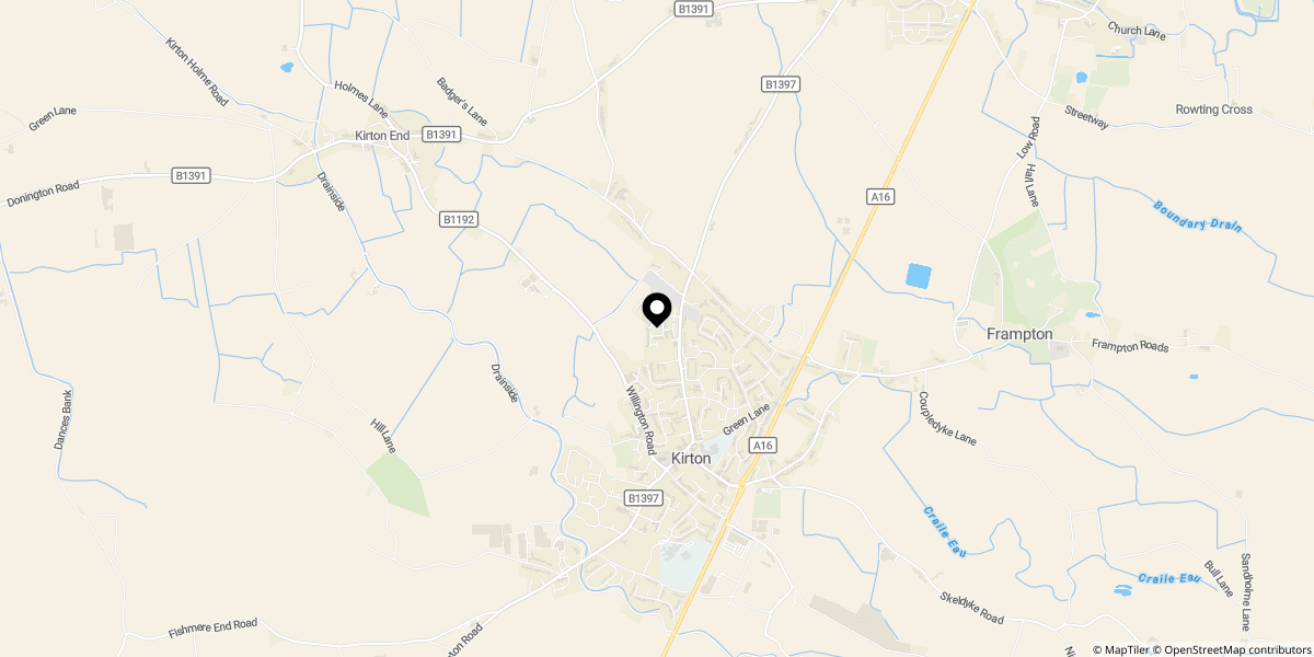 Approximate location of Swift Gardens, KIRTON, Boston, PE20